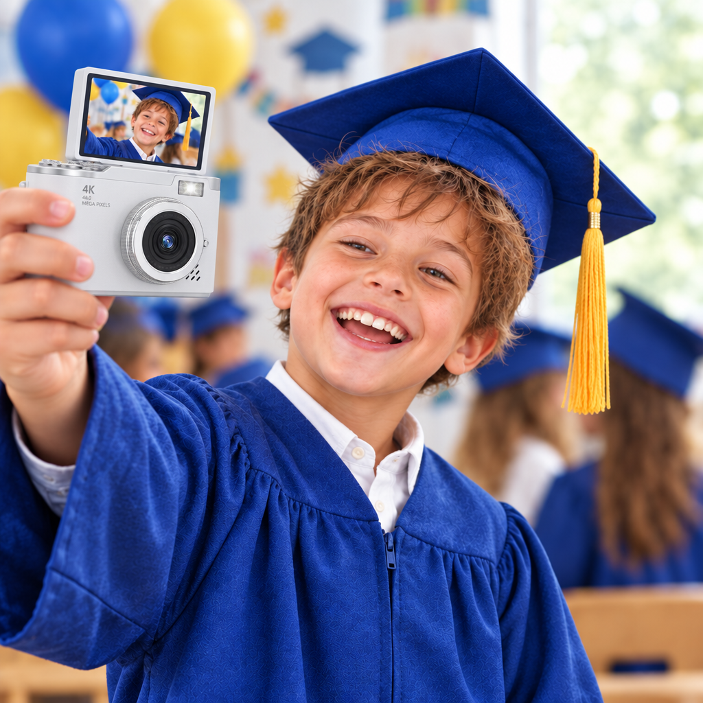 Appareil photo enfant gris : un enfant fier lors de sa remise de diplôme de fin d'année