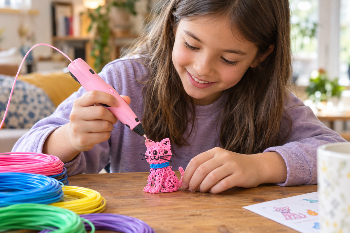 Enfant jouant avec stylo 3D rose