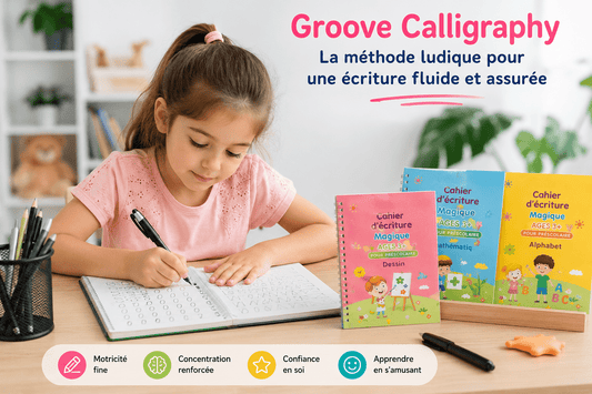 Enfant pratiquant des exercices d’écriture avec la méthode Groove Calligraphy pour améliorer sa calligraphie et sa motricité fine.