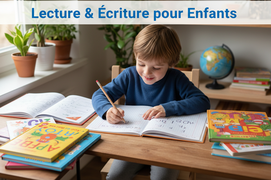 Enfant qui apprend à lire et écrire avec des livres colorés - PassionsEnfant