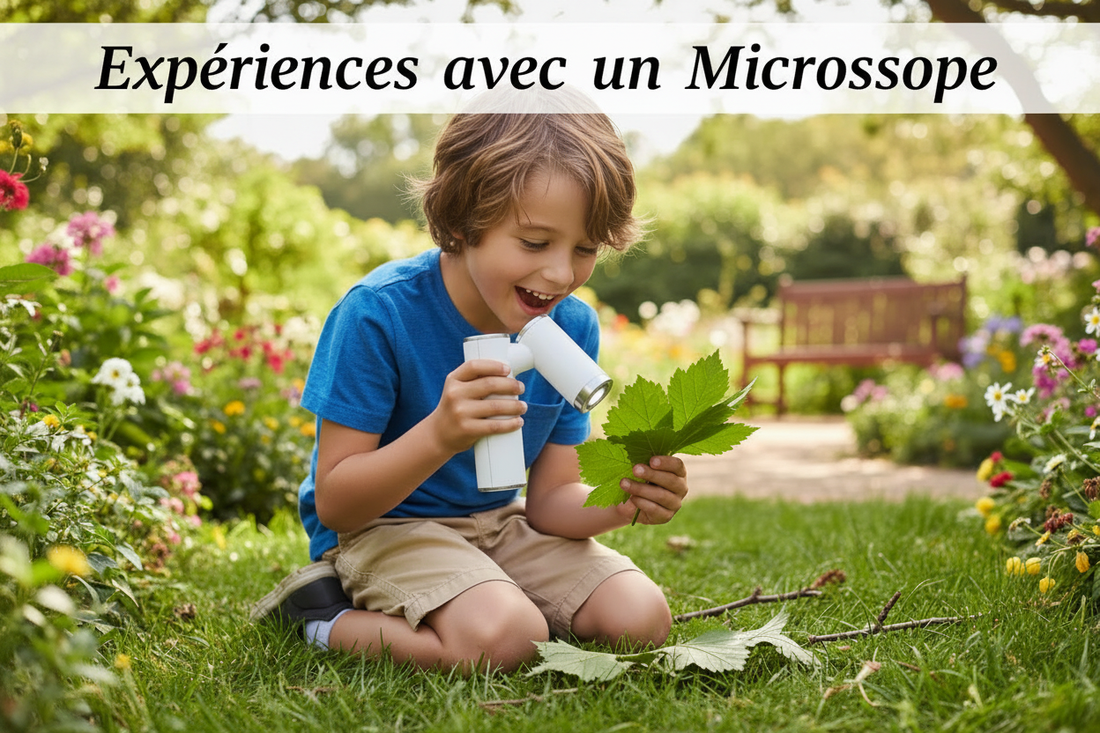 Enfant qui observe la nature avec un microscope de poche en plein air - PassionsEnfant