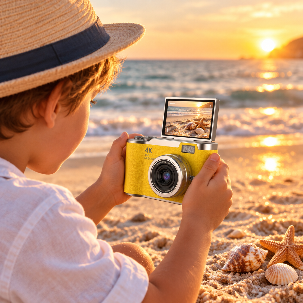 Appareil photo enfant jaune utilisé à la plage pour photographier la mer