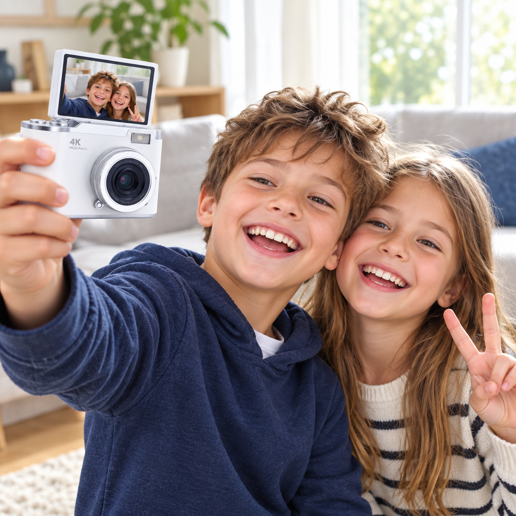 Appareil photo enfant blanc, frère et sœur prenant un selfie grâce à l'écran rotatif 180°