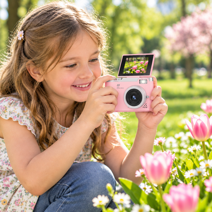Appareil photo enfant rose : une fillette photographie des fleurs dans un parc
