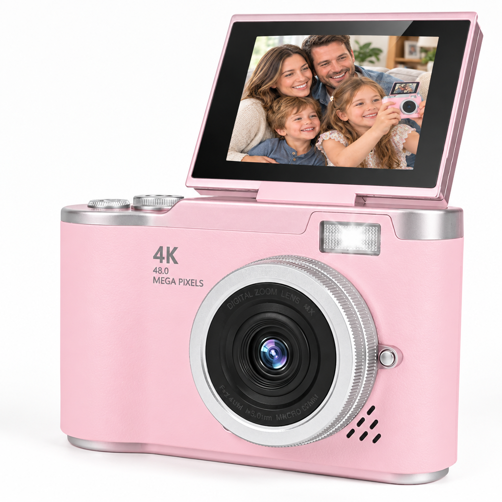 Appareil photo enfant rose : selfie en famille au salon avec l'écran selfie rotatif