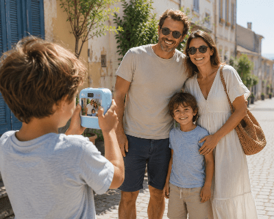 Un enfant photographie ses parents et son petit frère dans une rue ensoleillée avec un appareil photo instantané pour enfants.