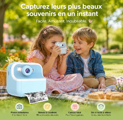 Deux enfants jouent sur la plage et prennent des photos avec un appareil photo instantané pour enfants