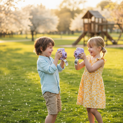 Deux enfants avec appareils photo instantanés