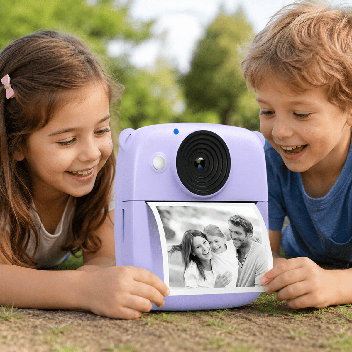 Deux enfants dans la cour d'école avec l'appareil photo instantané enfant PicVert violet