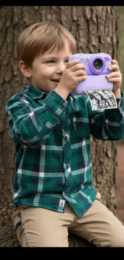 Jeune enfant explorateur prenant une photo d'un oiseau avec un appareil photo instantané violet en forêt