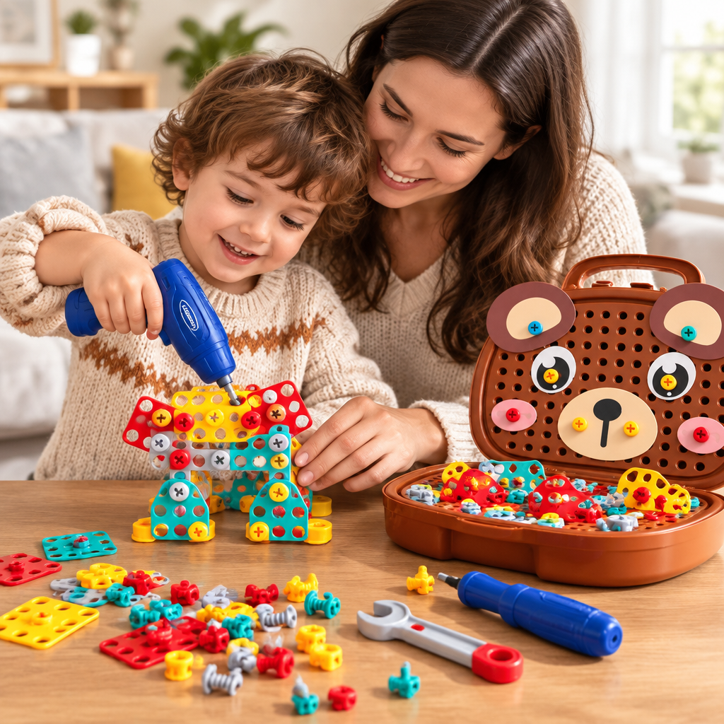 Parent et enfant construisant ensemble avec la Boîte à Outils Montessori, jeu de bricolage enfant