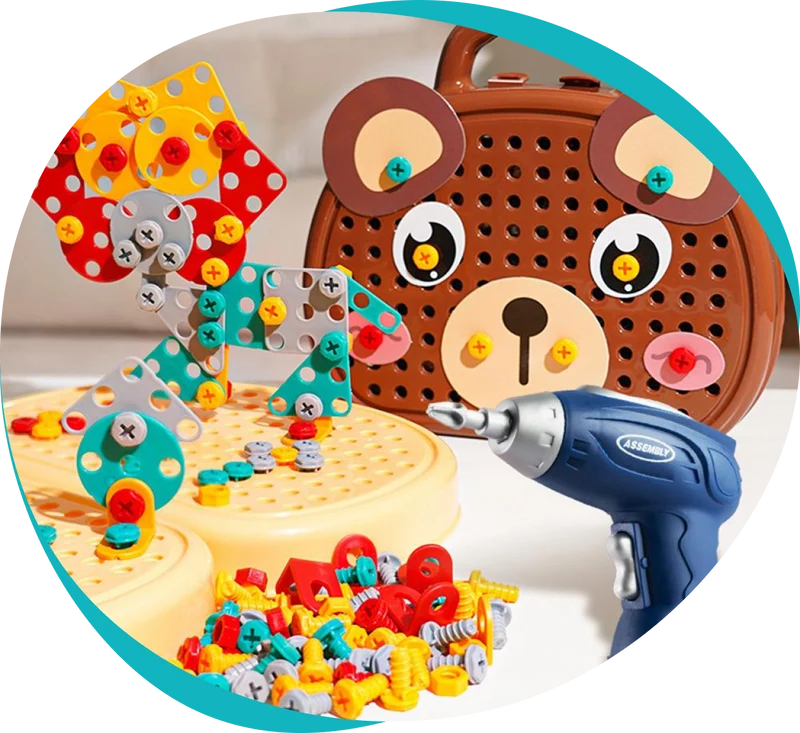Boîte à Outils Montessori avec perceuse jouet enfant, vis colorées et construction assemblée