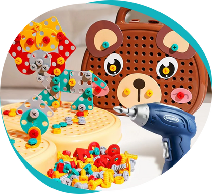 Boîte à Outils Montessori avec perceuse jouet enfant, vis colorées et construction assemblée