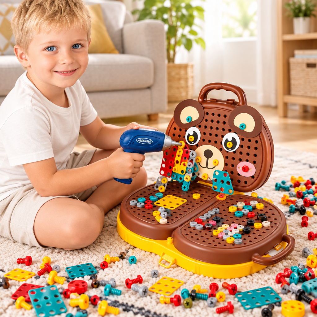 Enfant utilisant une perceuse jouet sur la Boîte à Outils Montessori ourson dans un salon