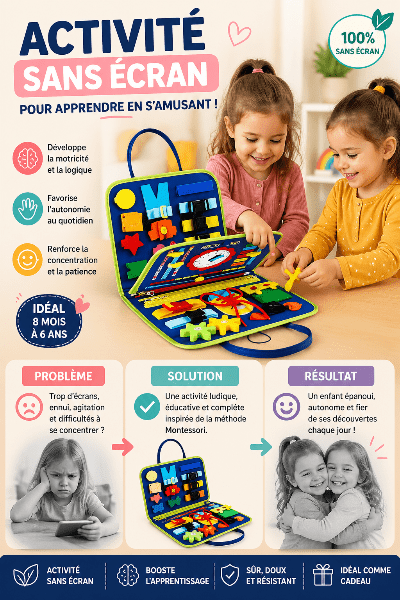 Busy board montessori bébé difficulté à se concentrer, solution jeu éducatif sensoriel, résultat enfant calme, autonome et stimulé