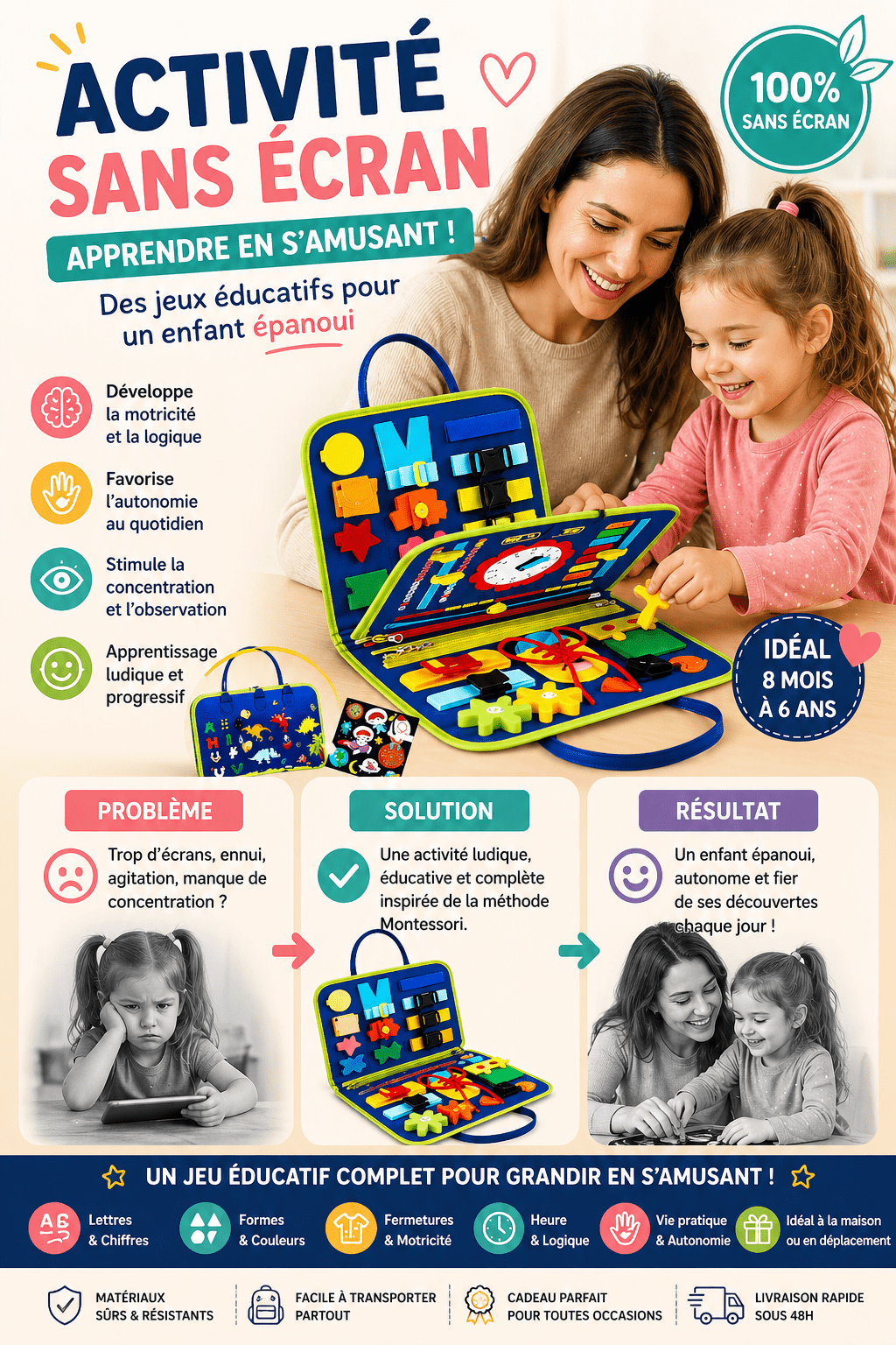 Busy board montessori bébé qui s’ennuie à la maison, solution jeu sensoriel éducatif, résultat motricité développée et autonomie renforcée