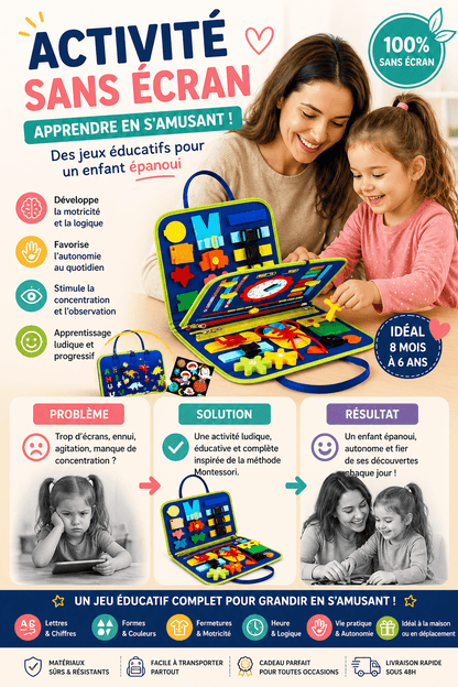 Busy board montessori bébé qui s’ennuie à la maison, solution jeu sensoriel éducatif, résultat motricité développée et autonomie renforcée