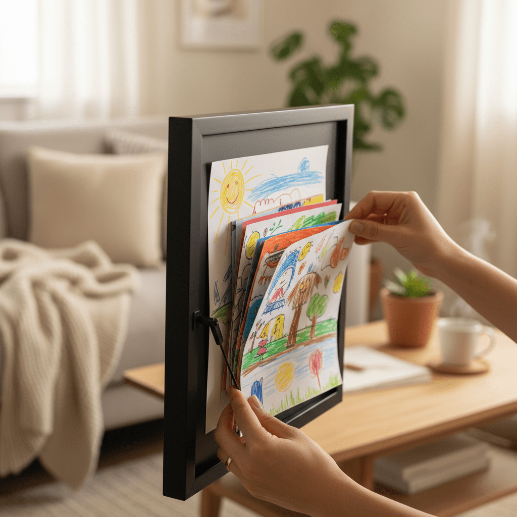 Parent ouvrant le cadre dessin enfant noir pour y ranger les dessins de son enfant