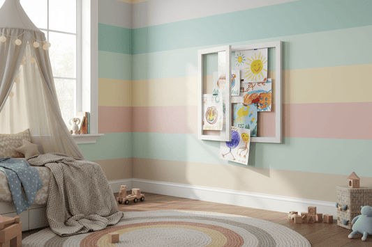 Cadre dessin enfant blanc accroché dans une chambre d'enfant colorée