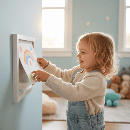 Enfant souriant glissant un dessin dans le cadre dessin enfant blanc accroché au mur
