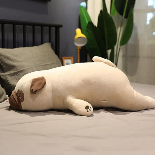 Chien en peluche douce câline de couleur claire, texture très moelleuse, idéal pour bébé