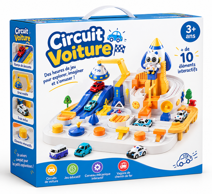 Circuit de voiture mécanique avec leviers, obstacles et petites voitures