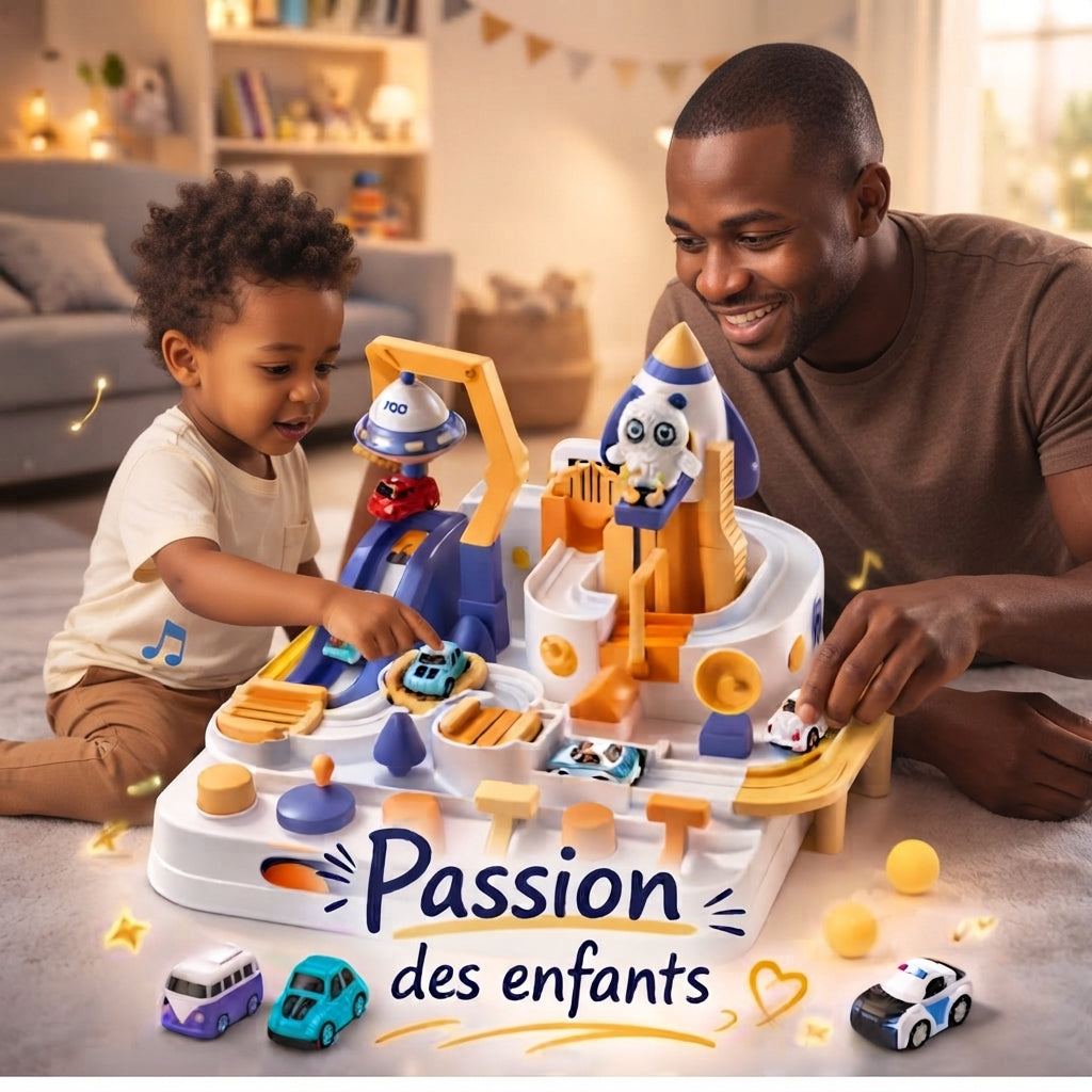 Circuit de voiture mécanique sans pile Mission Étoile utilisé par un enfant et son parent