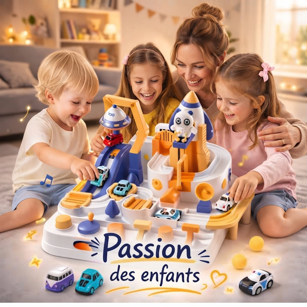 Circuit de voiture présenté avec ses éléments de jeu
