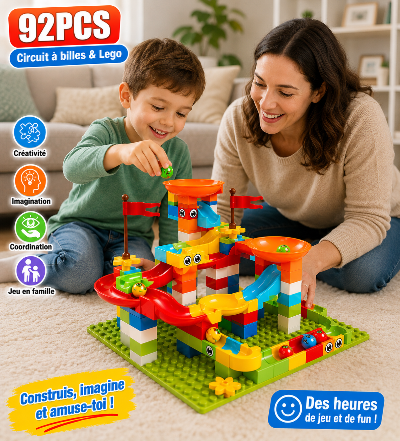 Circuit à billes enfant 4 ans avec briques de construction 92 pièces jeu éducatif Montessori en famille"