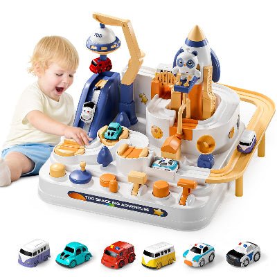 enfant jouant aec le circit voiture montessori missionetoile sans pile