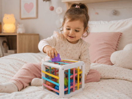 Petite fille découvrant un cube d'activité bébé sur son lit pour stimuler son éveil sensoriel et sa curiosité