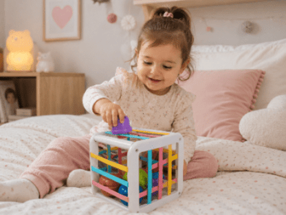 Petite fille découvrant un cube d'activité bébé sur son lit pour stimuler son éveil sensoriel et sa curiosité