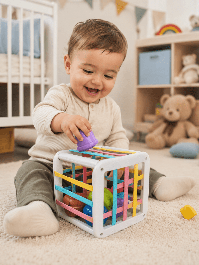 Bébé souriant jouant avec un cube d'activité bébé éducatif dans sa chambre pour développer sa motricité fine