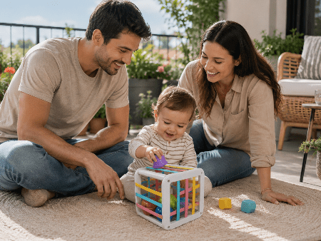 Bébé jouant avec un cube d'activité bébé en compagnie de ses parents sur une terrasse ensoleillée