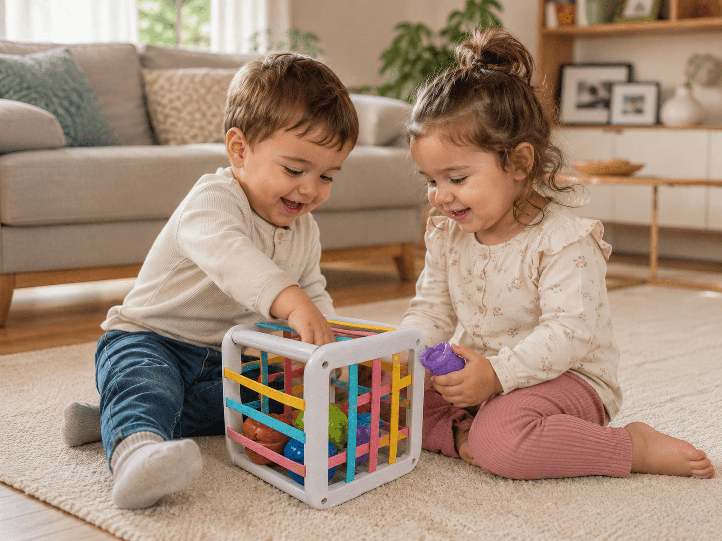 Deux jeunes enfants jouent ensemble avec un cube d'activité bébé dans le salon et développent leur coordination