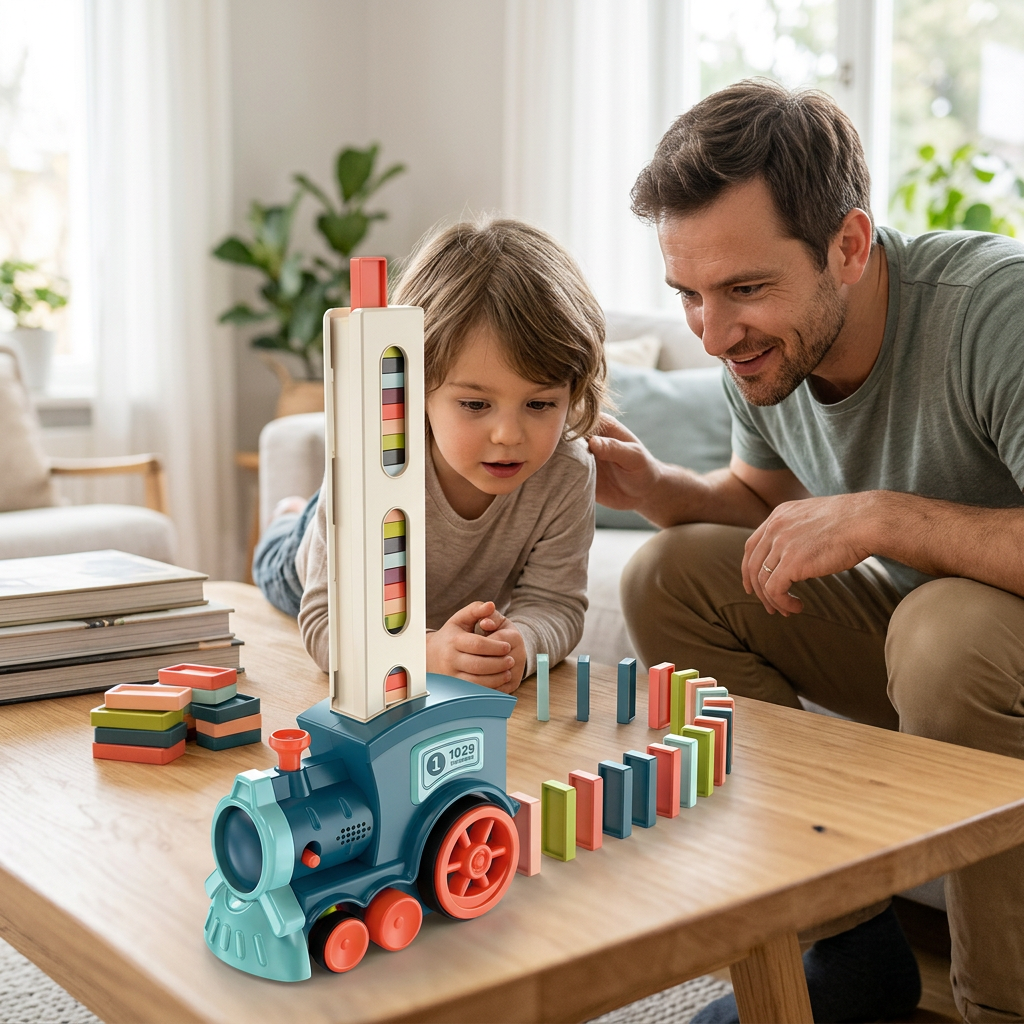 Enfant et parent jouant avec le train domino DOMI bleu