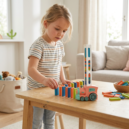 Enfant manipulant les dominos avec le train DOMI rose