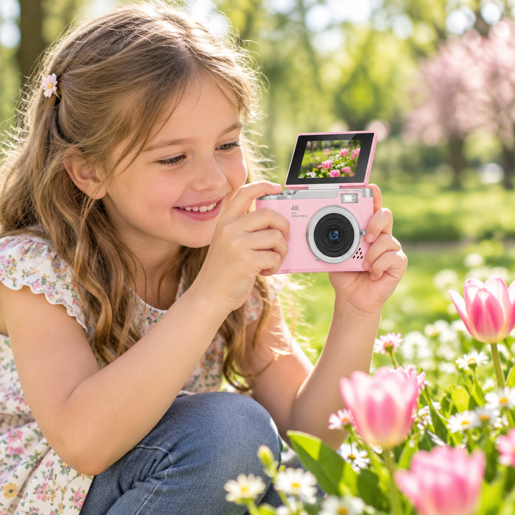 Appareil photo enfant rose à écran rotatif utilisé par une fillette dans un parc