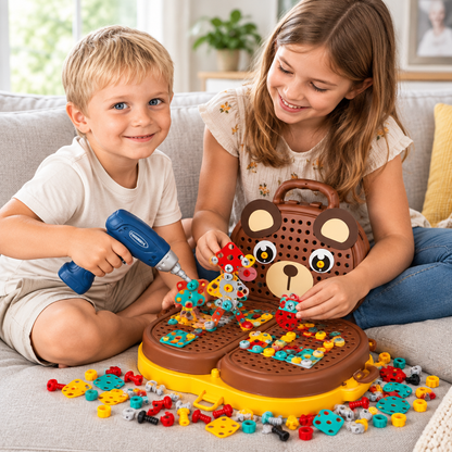 Petit garçon et sa sœur utilisant la Boite a Outil Montessori, jeu de bricolage enfant, sur le canapé