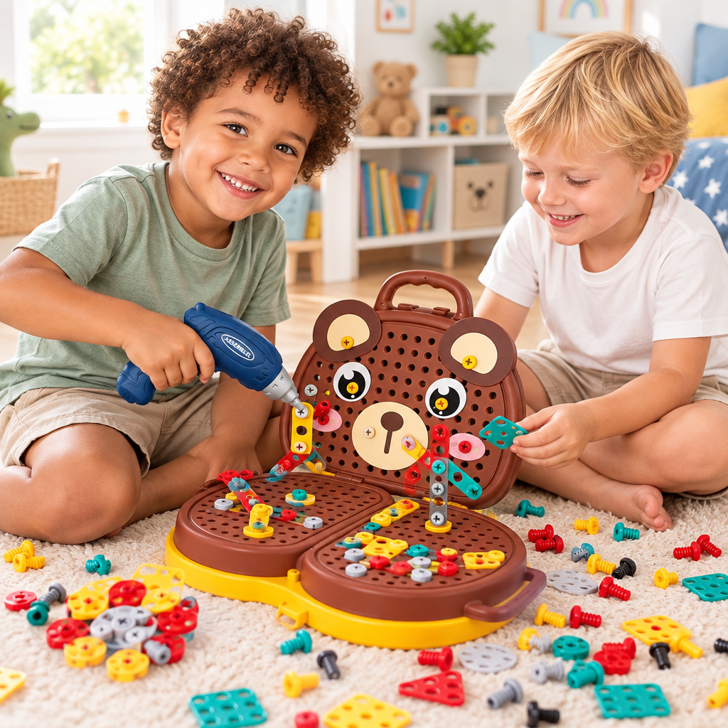 Enfants jouant avec la Boite a Outil Montessori et sa perceuse jouet dans une chambre d'enfant