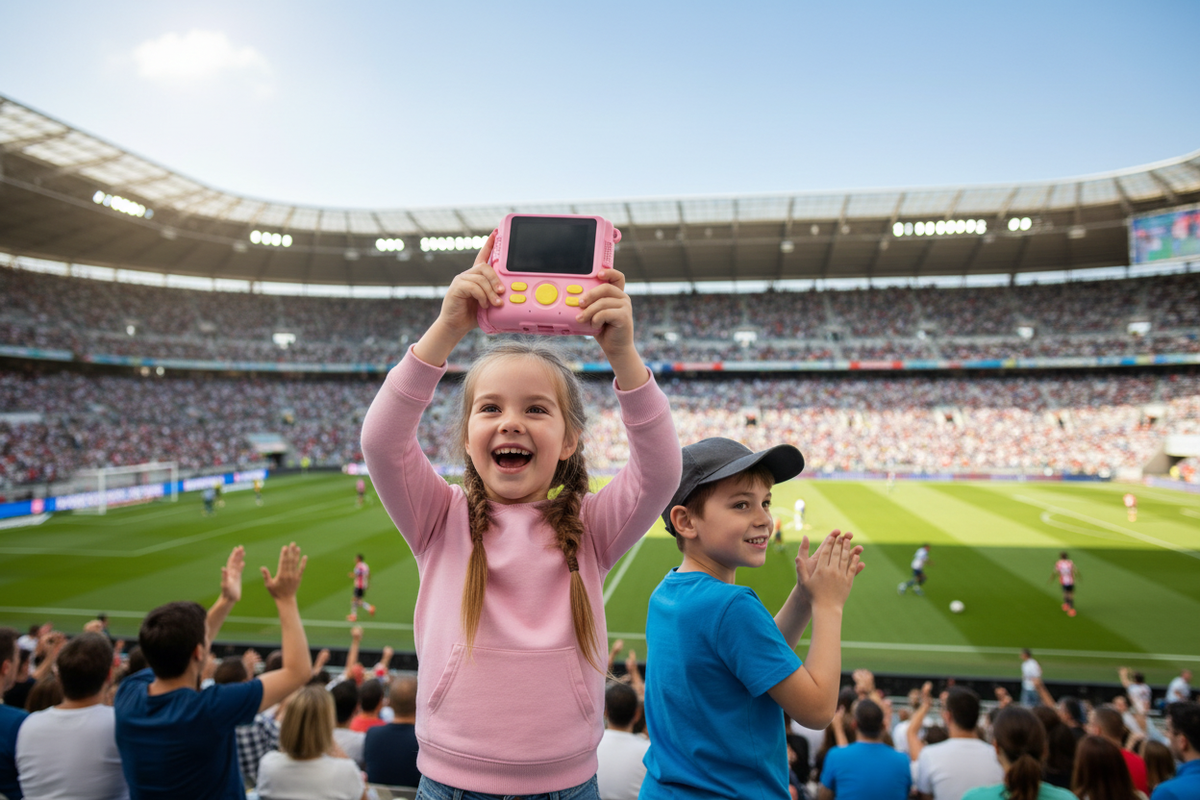 2 enfants dans un stade de foot avec le GoPic