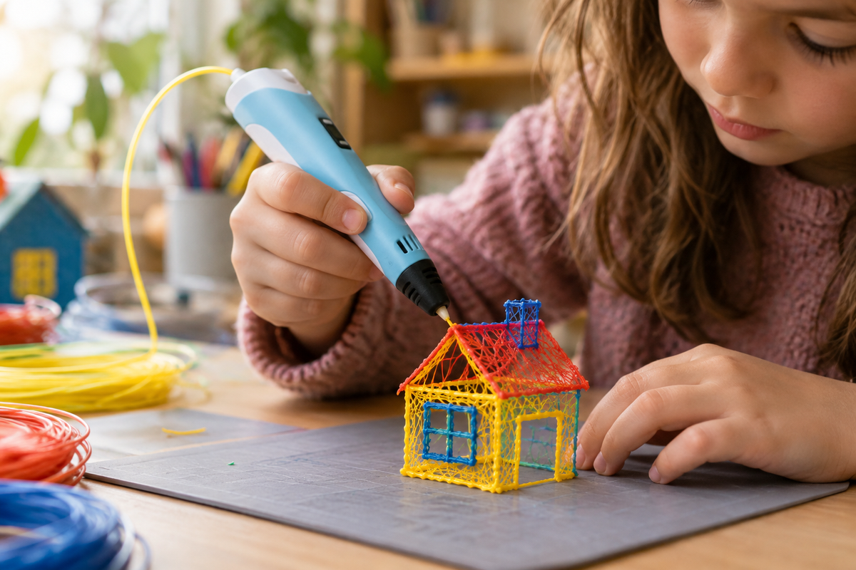 Mains enfant stylo 3D en action