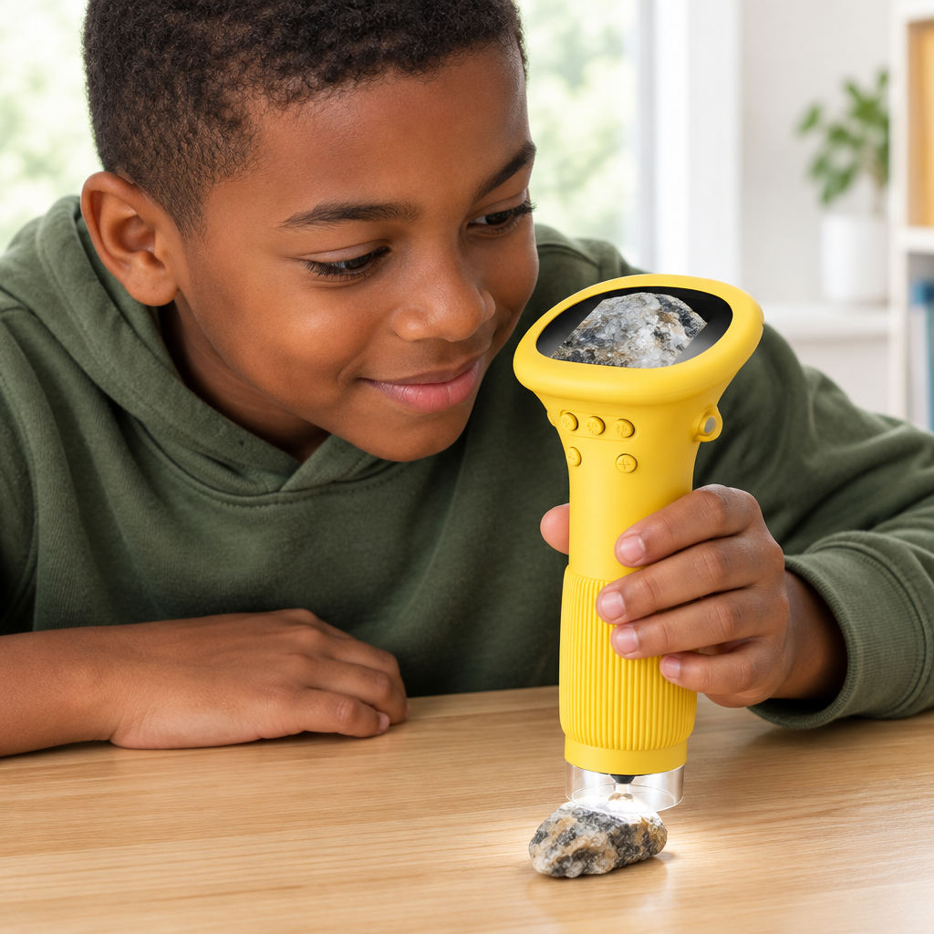 MicroExplorer en action avec un garçon observant un caillou