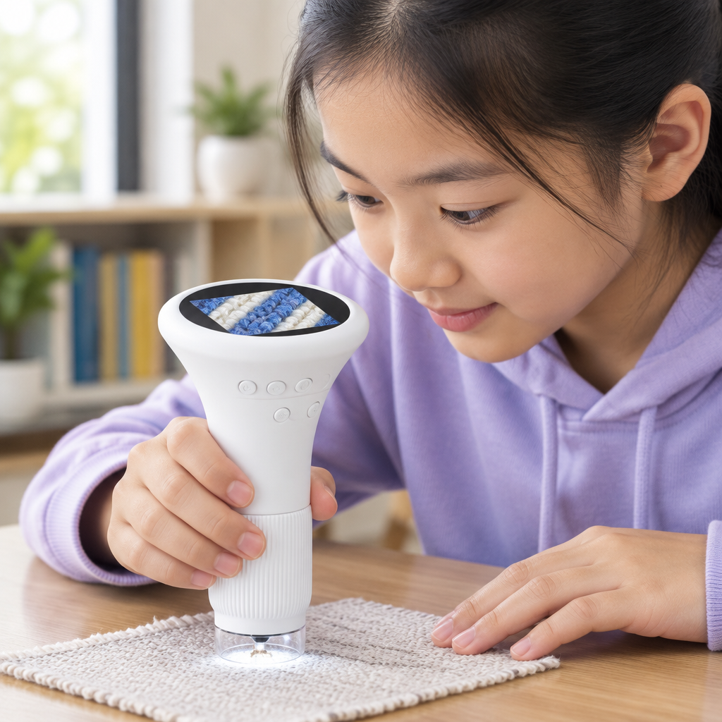 MicroExplorer en action avec une fille observant un tissu