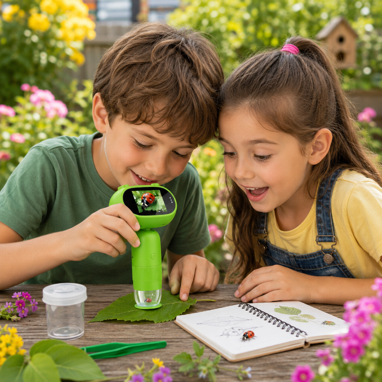 Trois enfants découvrant les insectes avec le microscope polarisant