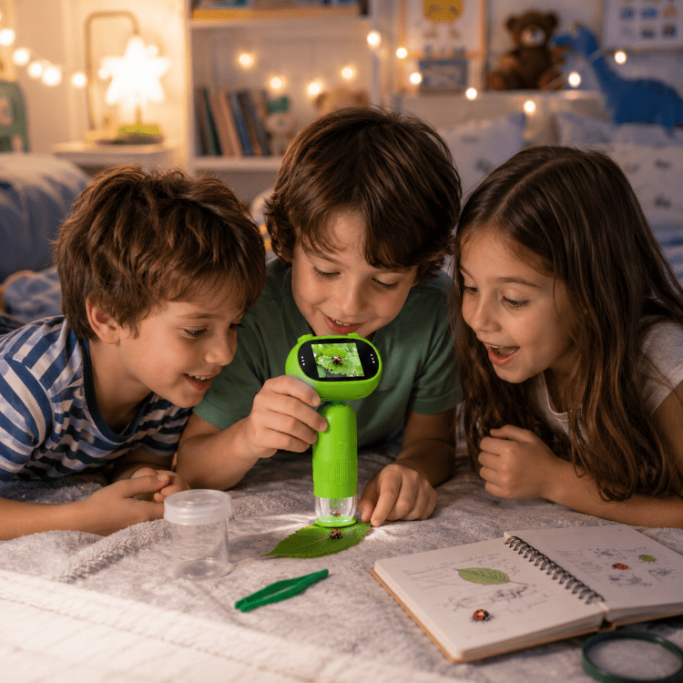 Enfants explorant la nature avec le microscope polarisant
