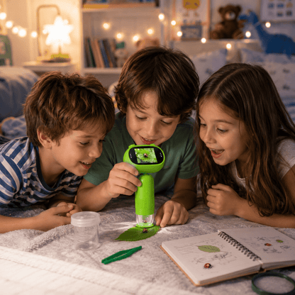 Enfants explorant la nature avec le microscope polarisant
