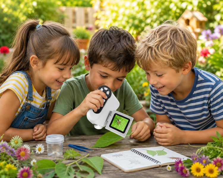 Deux enfants utilisant le microscope numérique Miniscope pour explorer la nature en extérieur