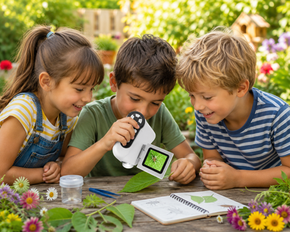 Deux enfants utilisant le microscope numérique Miniscope pour explorer la nature en extérieur