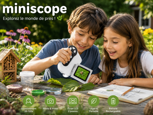 Microscope portable Miniscope avec écran LCD utilisé par des enfants pour découvrir le monde microscopique